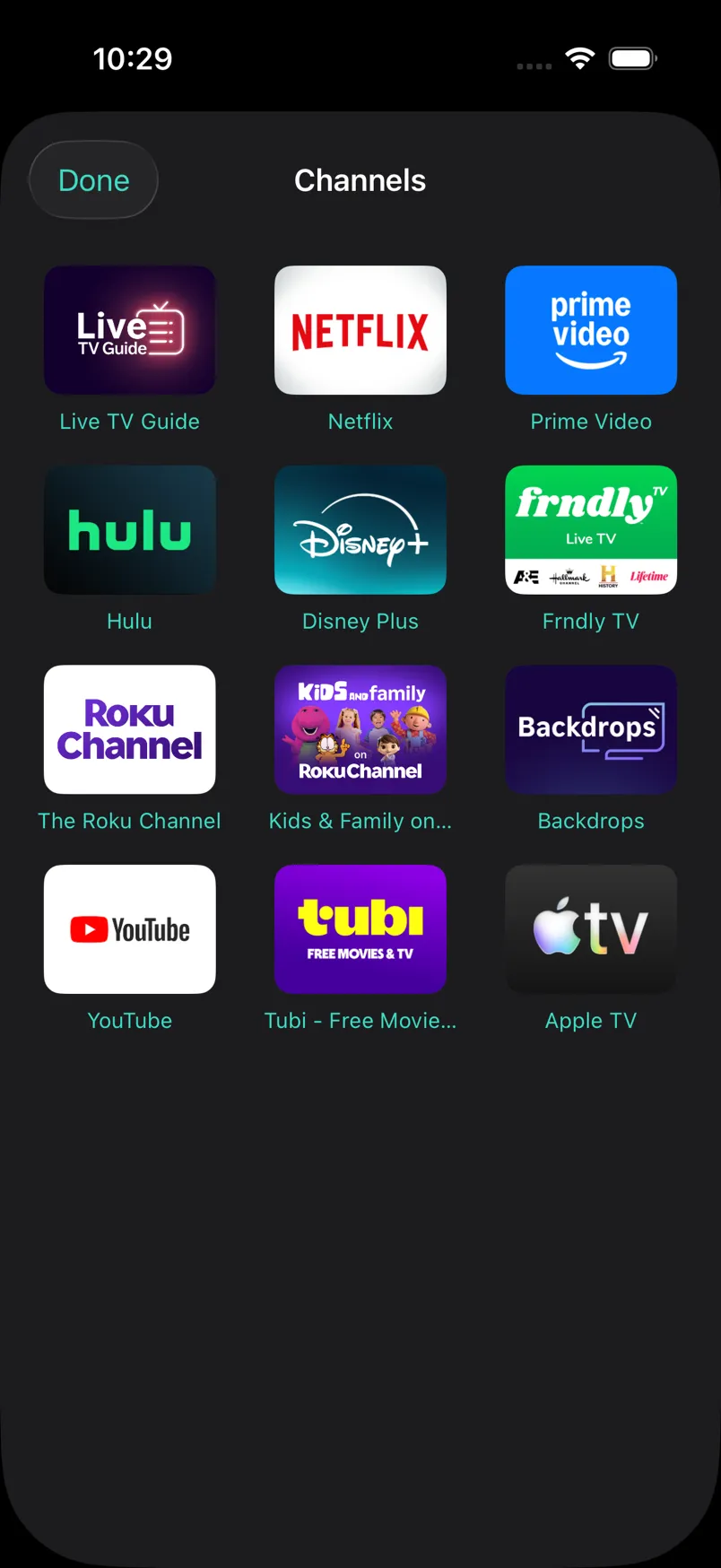 Clicker’s channel grid: your Roku channels with their icons, one tap to launch