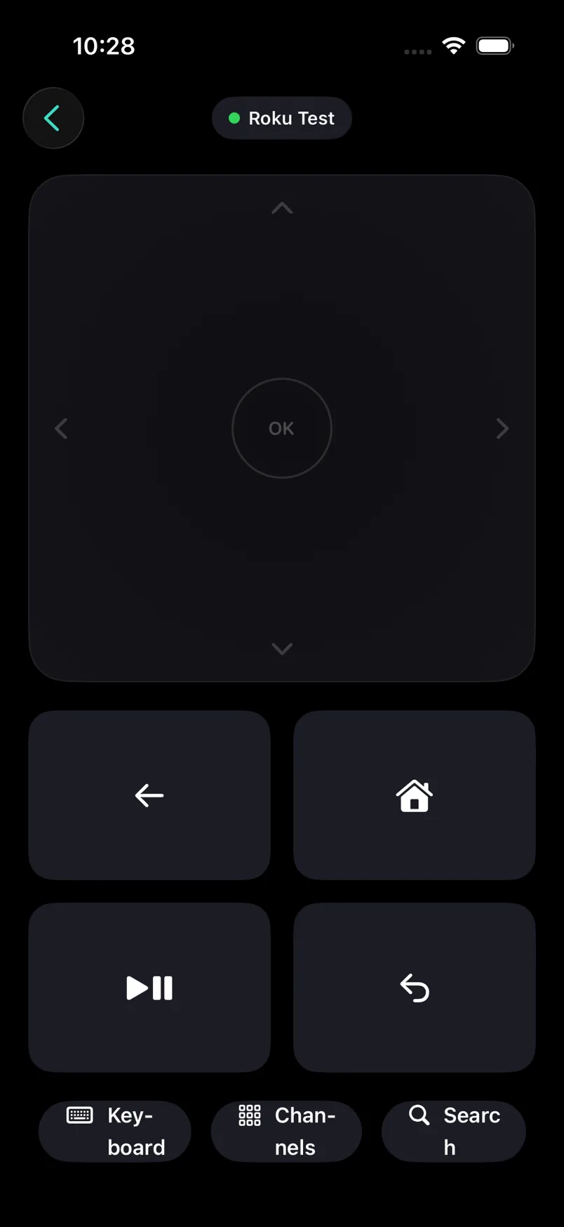 Clicker's remote screen: a full-screen swipe surface with Back, Home, play/pause and replay keys